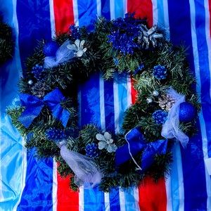 Evergreen Wreath decorated with white and blue decorations 15 inch diameter